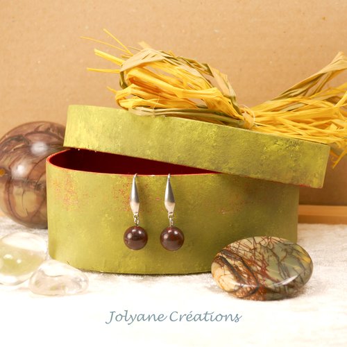Boucles d'oreilles pendantes en pierre naturelle jaspe poppy et crochets en acier inox