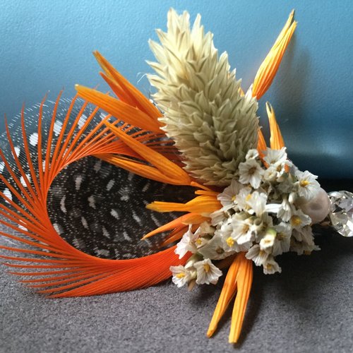 Barrette plumes et fleurs séchées orange