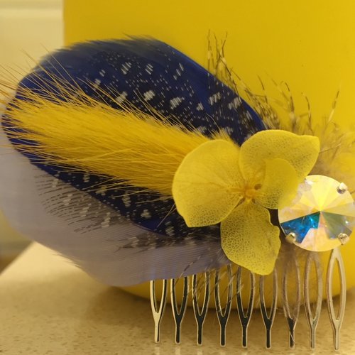 Peigne à cheveux jaune et bleu plumes et fleurs séchées