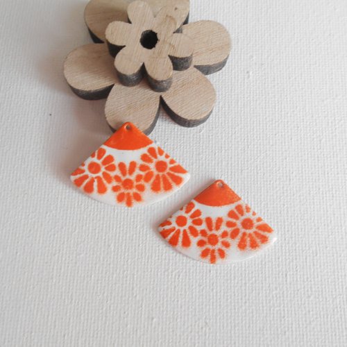 2 sequins éventail émaillé blanc et orange 33x23 mm 2 faces