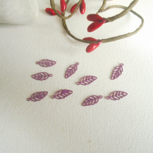 10 mini feuilles émaillées violet 2 faces 13x5,5 mm 2 faces