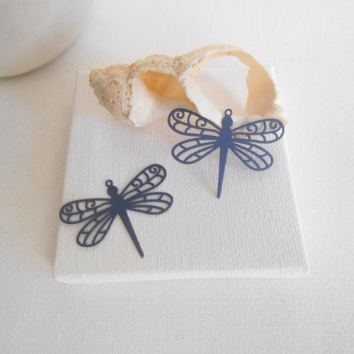 2 pendentifs libellule bleu foncé 35x27 mm