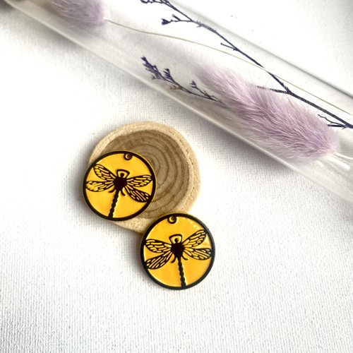 2 pendentifs émaillés jaune libellule noire 25 mm