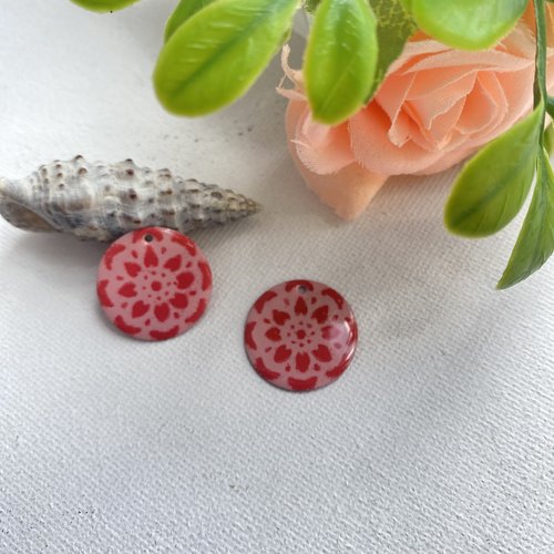 2 sequins émaillés ronds rose et rouge 20 mm