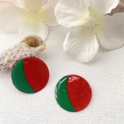 2 sequins émaillés ronds rouge et vert 20 mm