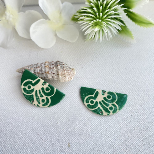 2 sequins émaillés connecteurs ivoire et vert foncé  2 faces