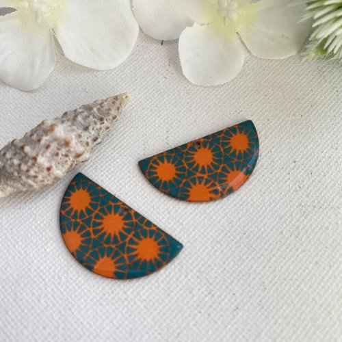 2 sequins émaillés orange et turquoise foncé  2 faces