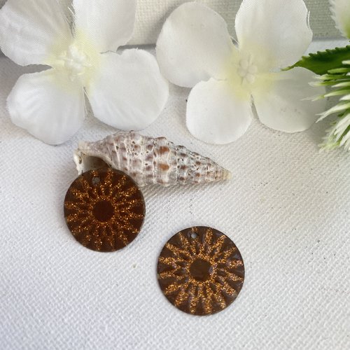2 sequins émaillés ronds cuivré et marron 20 mm