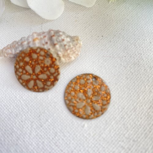 2 sequins émaillés ronds cuivré et sable 20 mm