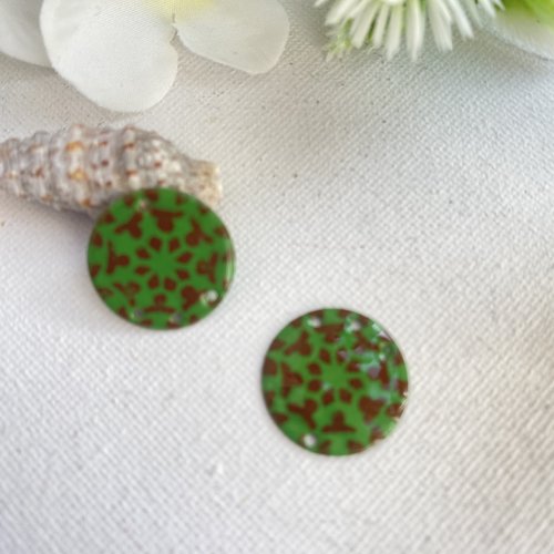 2 sequins connecteurs émaillés ronds vert tendre et marron 20 mm