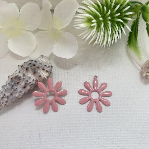2 pendentifs fleurs émaillés rose clair 20 mm 2 faces