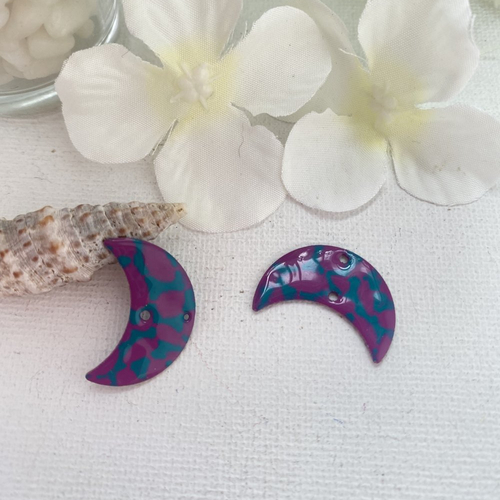 2 sequins émaillés connecteurs turquoise foncé et mauve 22x10 mm