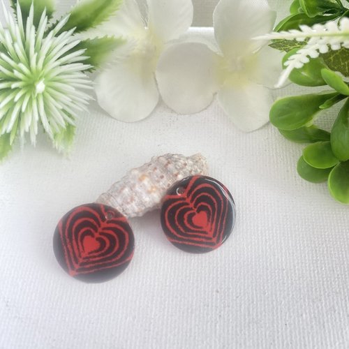2 sequins émaillés ronds rouge et noir 20 mm