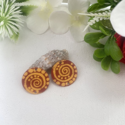 2 sequins émaillés ronds marron et jaune doré 20 mm