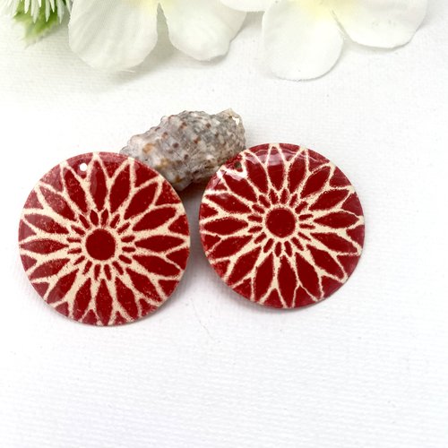 Lot 2 sequins émaillé ivoire et rouge 30 mm
