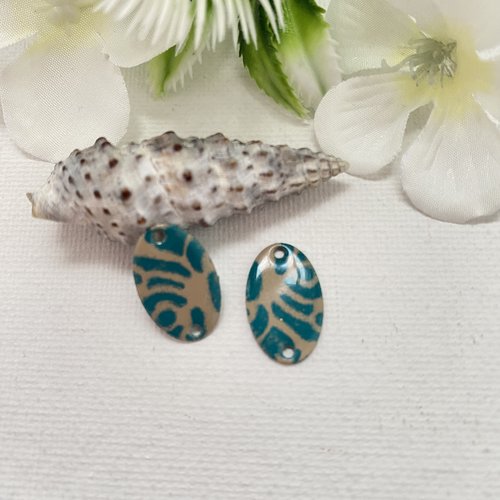 2 sequins connecteurs émaillés sable et turquoise 18x10 mm