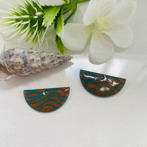 2 pendentifs demi lune turquoise foncé et cognac 25x10 mm