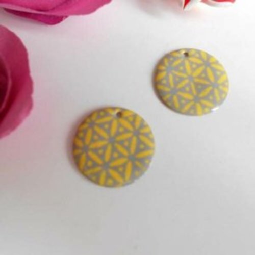 Lot 2 sequins émaillé gris motif jaune 20 mm
