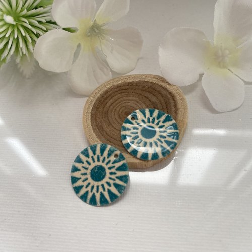Lot 2 sequins émaillé ivoire et turquoise foncé  20 mm