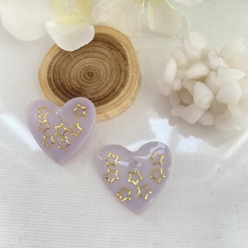 2 pendentif coeur résine mauve étoile doré 25 mm