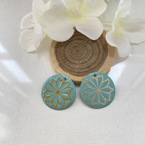 2 sequins émaillés turquoise clair et estampe doré 20 mm