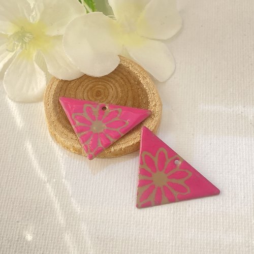 X2 pendentif  triangle sable et rose 30x20 mm 2 faces