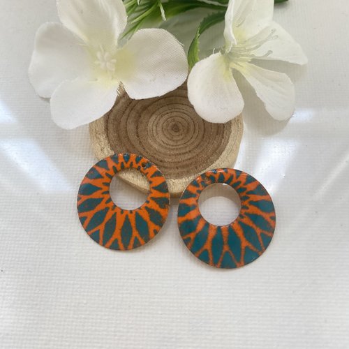 Lot 2 sequins créoles émaillés cognac et turquoise foncé 22 mm 2 faces