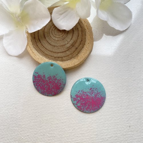 Lot 2 sequins émaillé turquoise clair et rose 20 mm