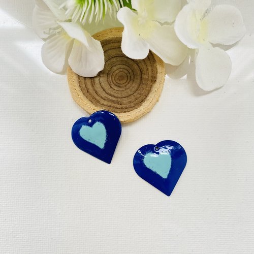 Lot 2 sequins émaillé coeur bleu marine et turquoise clair 22 mm
