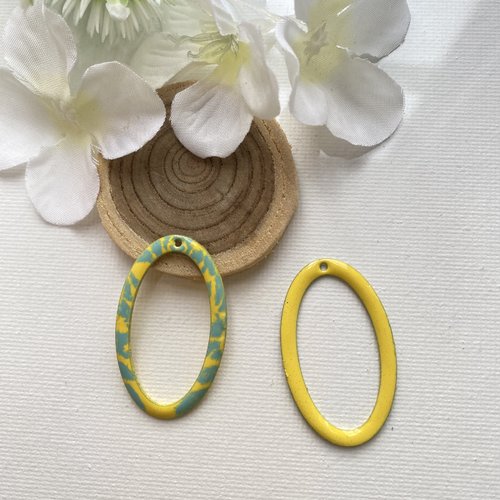 2 pendentifs ovale émaillés jaune et turquoise clair 2 faces