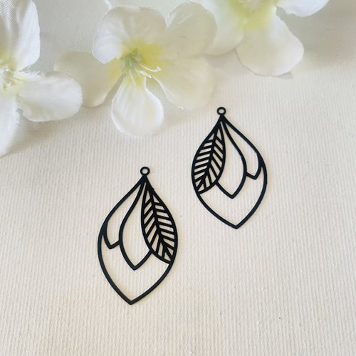 2 estampes feuilles laquées noires 36x20 mm