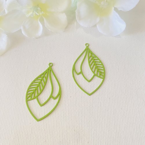 2 estampes feuilles laquées verte 36x20 mm