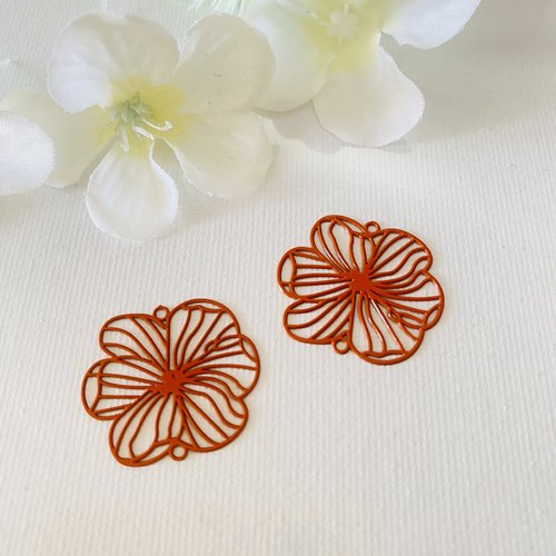 2 estampes fleurs connecteurs laquées orange 22x25 mm
