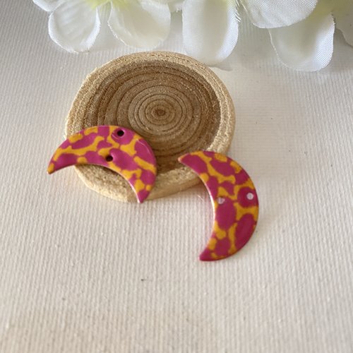 2 sequins émaillés connecteurs jaune doré et rose vif  22x10 mm