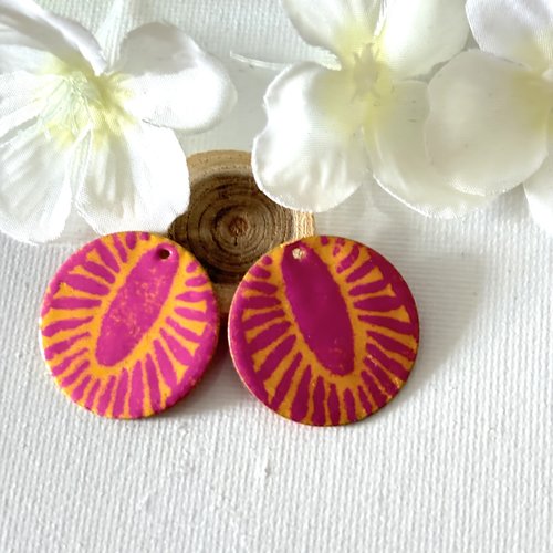Lot 2 sequins émaillés jaune et rose 25 mm