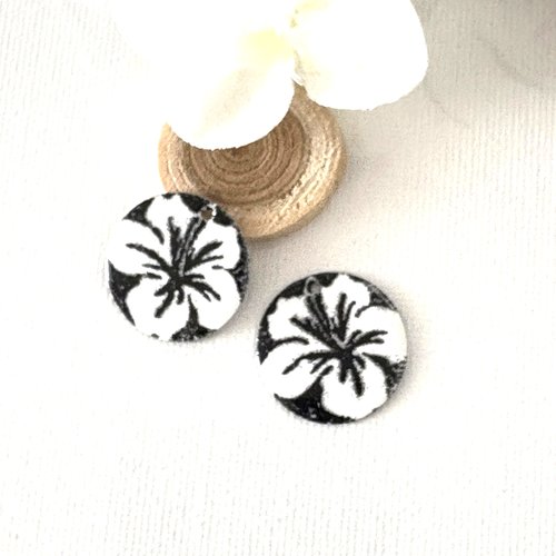 2 sequins ronds blanc fleur noir 20 mm 2 faces