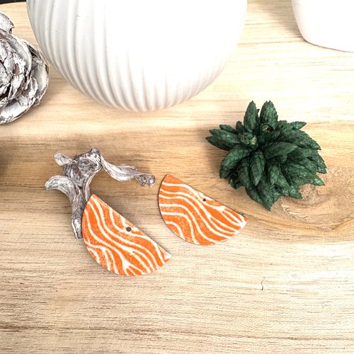 2 sequins émaillés demi lune ivoire et orange 2 faces