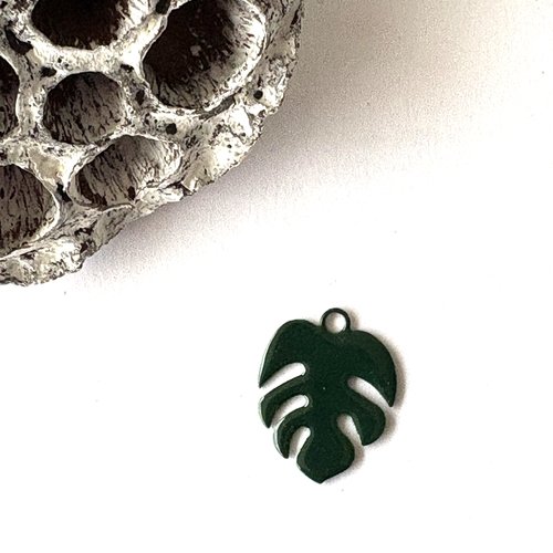 Lot 2 pendentifs émaillé feuille philodendron vert foncé 21x18 mm 2 faces