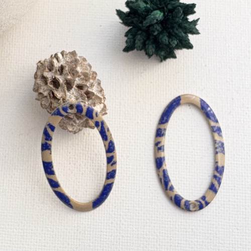 2 pendentifs ovale émaillés sable et bleu marine 2 faces