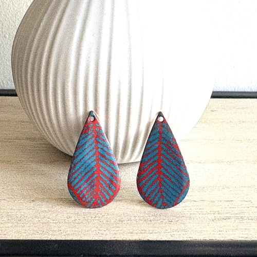 Lot 2 gouttes émaillés rouge et turquoise foncé 27x15 mm