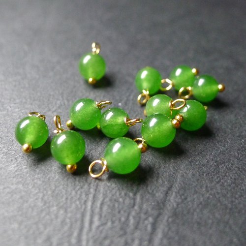 X10 perles breloques rondes pierres jade vert et doré 6x8mm