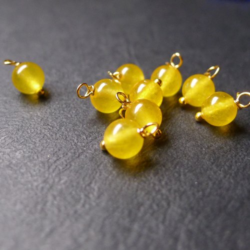 X10 perles breloques rondes pierres jade jaune et doré 6x8mm