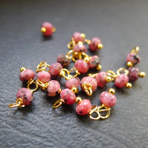 20 perles rondes à facettes en jade rose framboise et doré 4x8mm