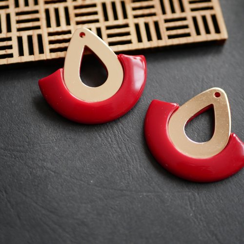 2 pendentifs en résine gouttes rouge et doré, 38x40mm