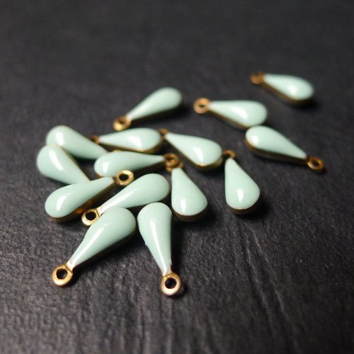 10 breloques gouttes, laiton bronze et émail bleu pastel, vert eau, 4x10mm