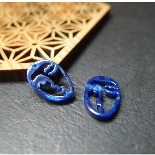 2 pendentifs en résine ovale, visage bleu, 10x15mm