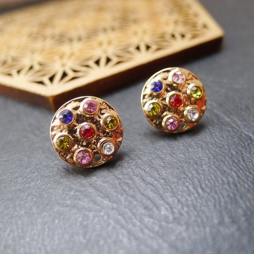 2 attaches de boucles d'oreilles puce rond doré plateau strass colorés 13mm