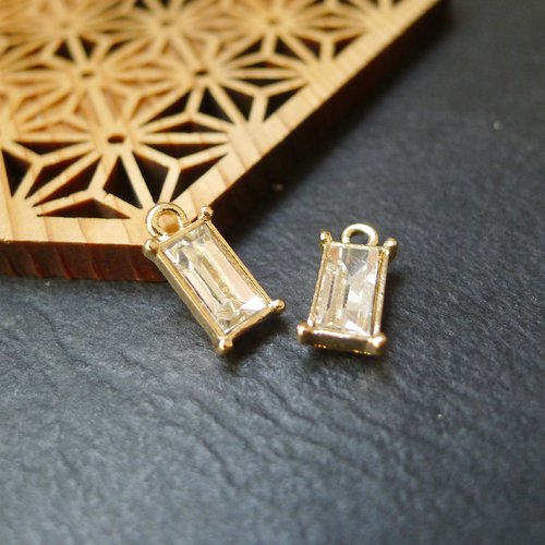 X2 breloque rectangle, doré et verre transparent, 6x12mm