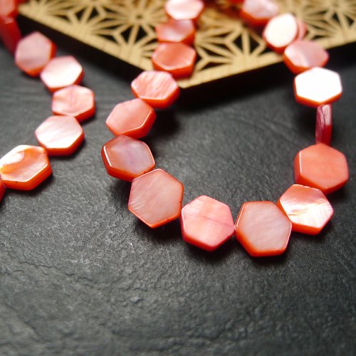 5 perles hexagones coquillages rose corail heishi 8mm