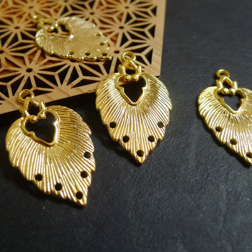 4 pendentifs connecteurs feuilles doré 20x34mm